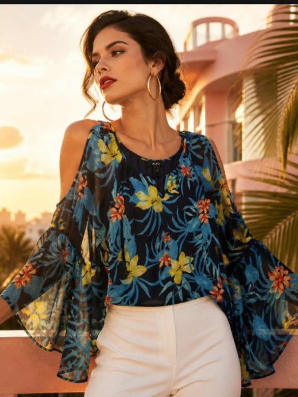Alyx Navy Floral Cold-Shoulder Chiffon Blouse